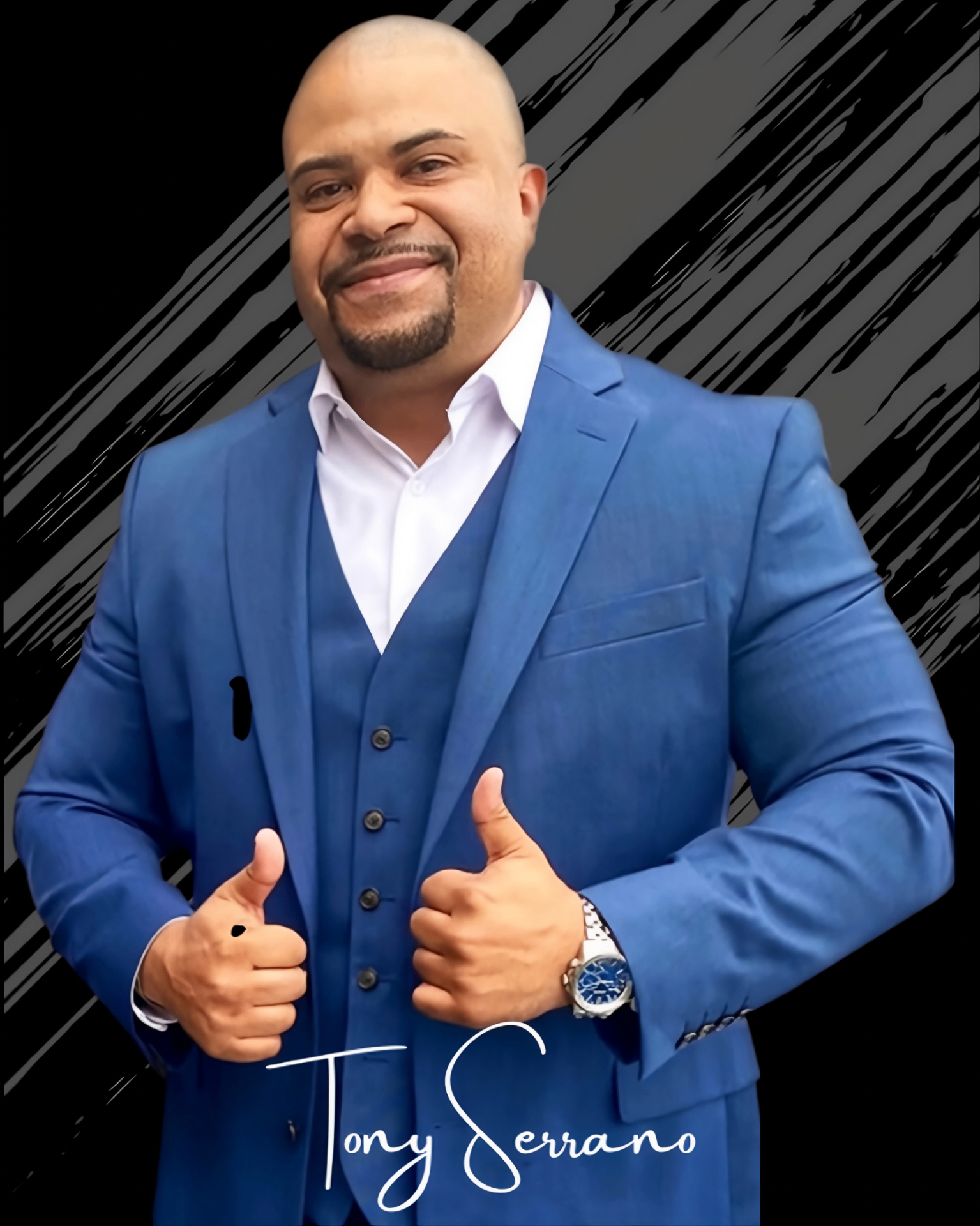 Tony 'The Broker' Serrano, Montebello CA real estate agent, smiling in navy suit